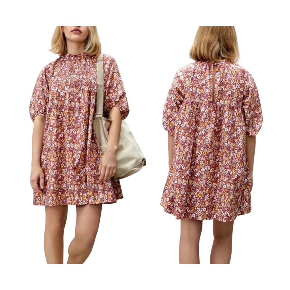 Everlane The Shirred Brown Ditzy Floral Yoke Cotton Mini Dress XS